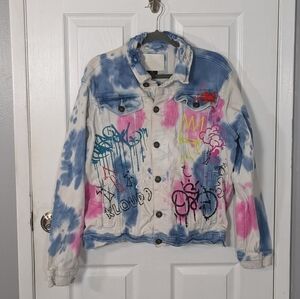 Kloud9 Streetwear Distressed Tie Dyed Graffiti White Button Up Denim Jacket Med.